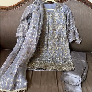 Elegant Gray and Gold Embroidered Outfit